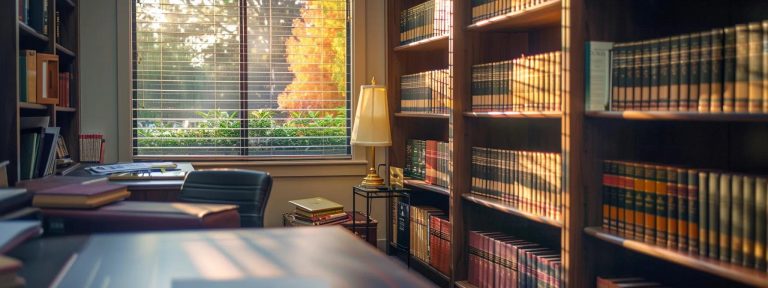 una oficina de abogados de inmigración en atlanta, iluminada por la luz suave del atardecer, con estanterías llenas de libros jurídicos y un ambiente profesional que irradia confianza y seriedad.