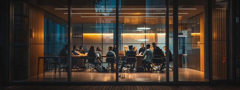 una oficina de abogados de inmigración en atlanta, iluminada con luz suave que resalta a un grupo de profesionales en conversación apasionada, simbolizando su papel crucial en las recientes leyes migratorias.