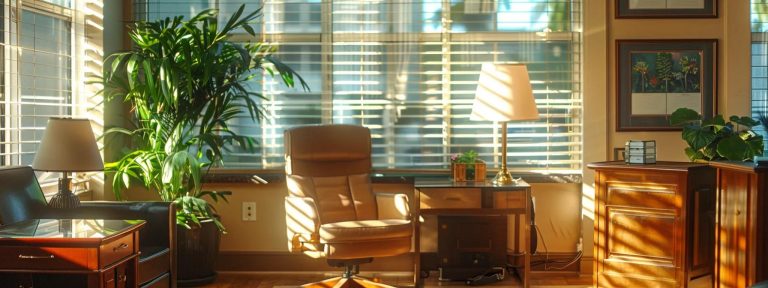 una oficina de abogados de inmigración en atlanta iluminada por la luz del sol, con un ambiente acogedor y profesional que resalta la seriedad al desglosar tarifas y costos ocultos.